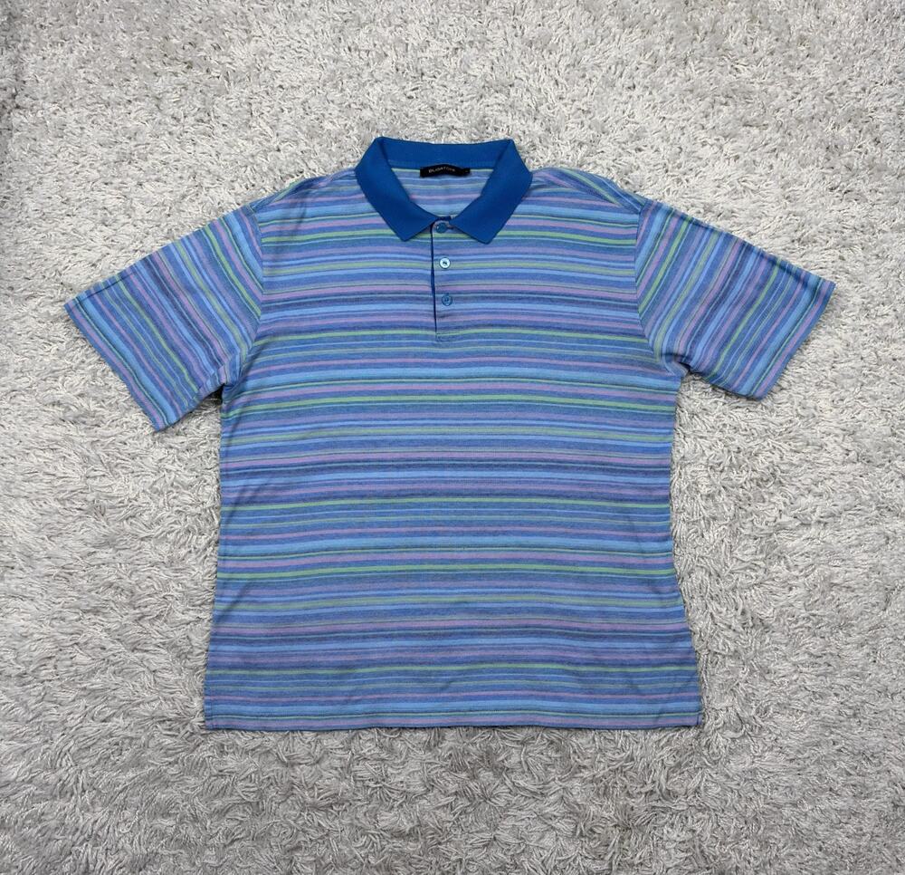Bugatchi Polo Shirt Mens L Blue Pink Green Striped Mercerized Cotton Golf NWOT